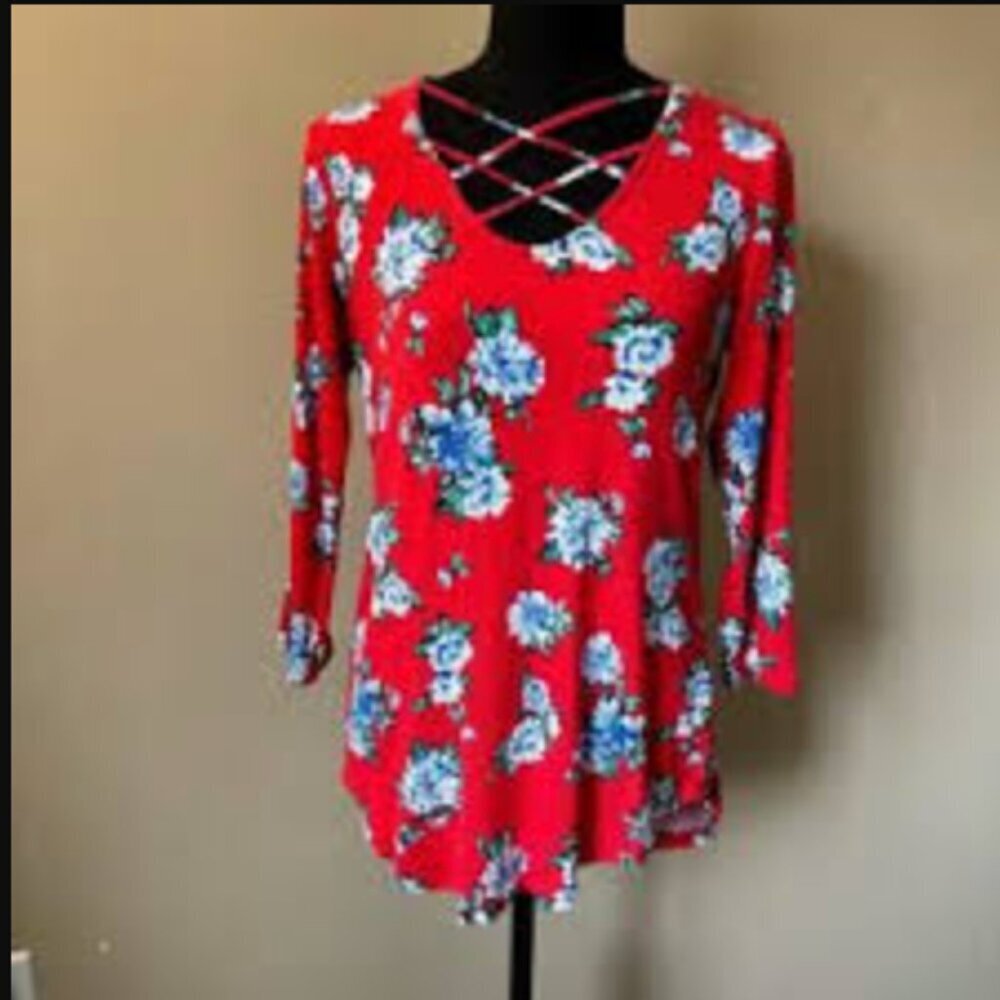 Alison Andrews Women's Red Blouse 3X Flower‎ Lace Up Edgy Coquette Flowy Relaxed
